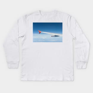 View of an aircraft wingtip with another aircraft visible flying in the distance. Kids Long Sleeve T-Shirt